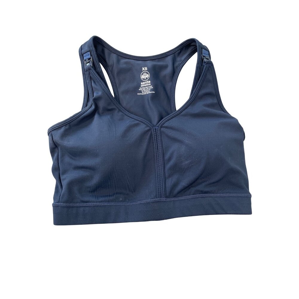 Senita Athletics V Neck Nursing Sports Bra Size XS Cutout Racerback Navy Fitness